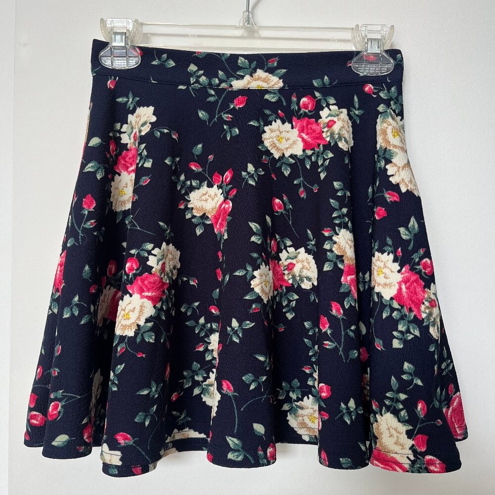 Flowy Floral Navy Blue Pink Skater Skirt